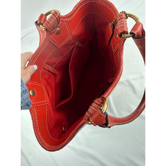 COACH Bleecker NATURAL STRAW VERMILLION RED LG LEATHER FLORAL Tote Bag 2008 EUC - Picture 8 of 12
